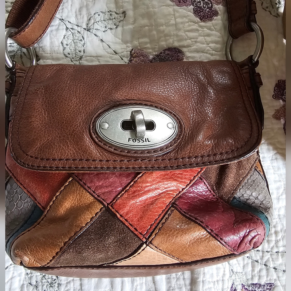 Fossil Brown Leather Crossbody Bag with Patchwork Design